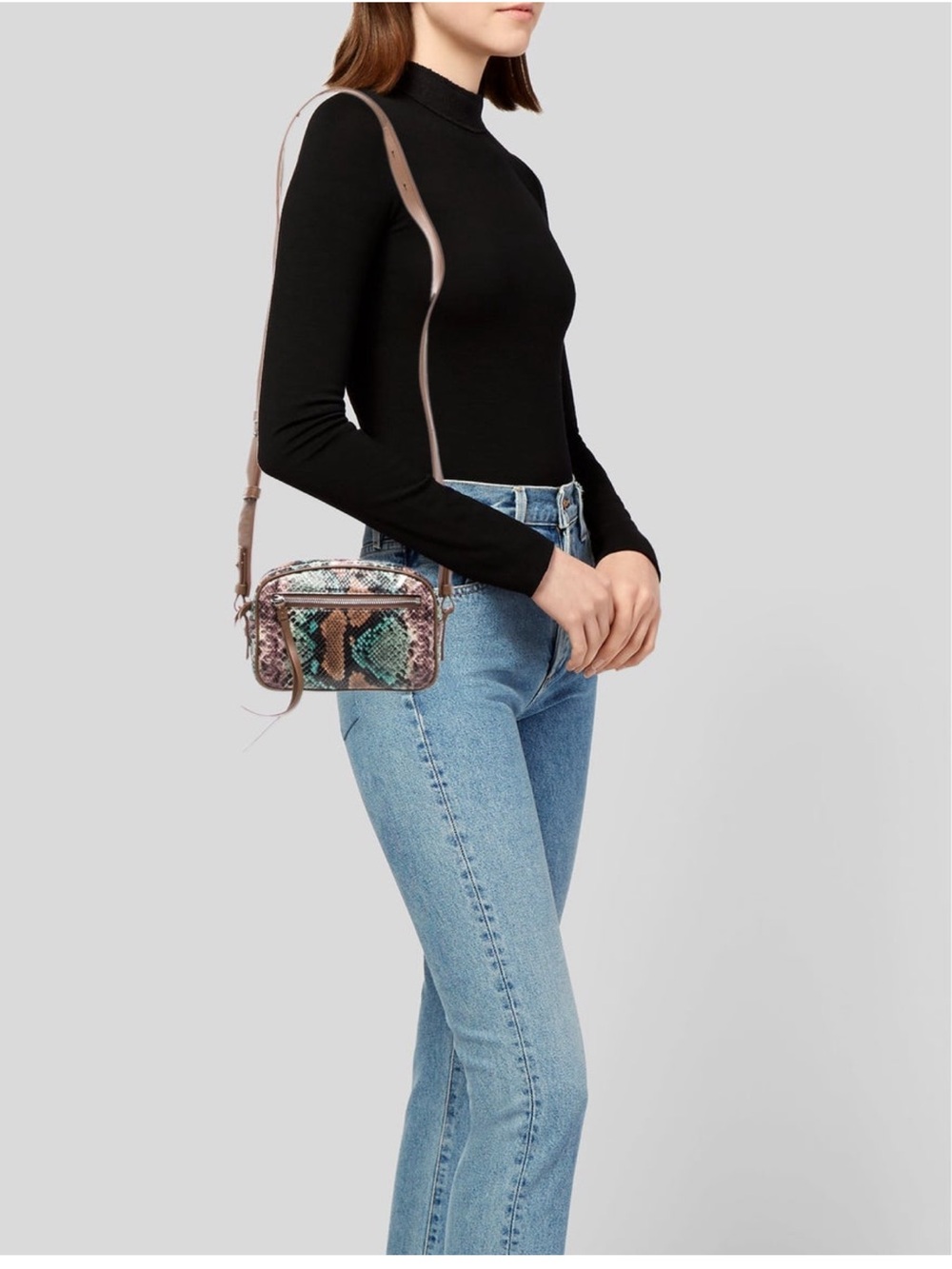 All Saints Multi-Color Snake-Print Crossbody Belt Bag with Tan Strap